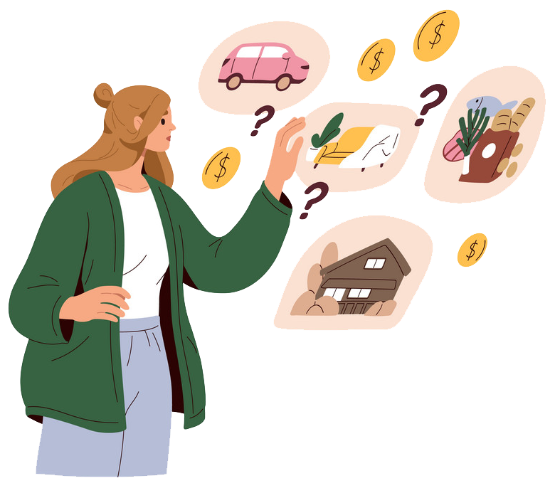 a woman is pointing to a sofa, car, shopping & a house with coins around it